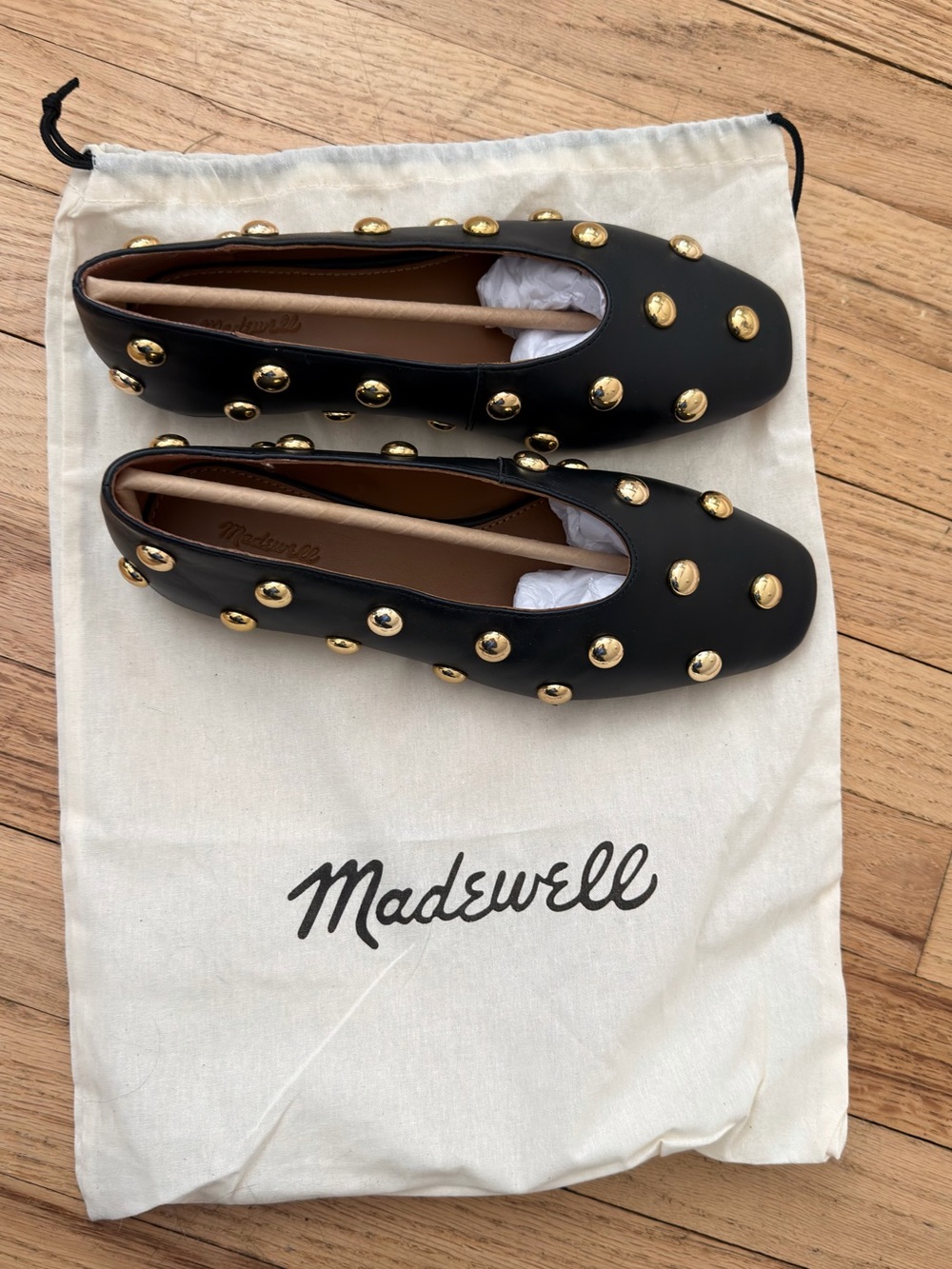 Madewell Black Leather Flats with Gold Studs